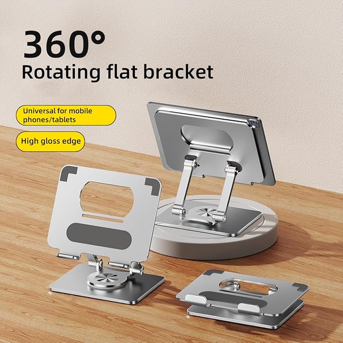 iPad Stand for Desk, Tablet Holder with Thickened 360° Rotating Base Dual Rod Adjustable Aluminum Stand for All 4-12.9’’ iPad Surface Samsung Phone Tablet Kindle E-Reader and More, Silver