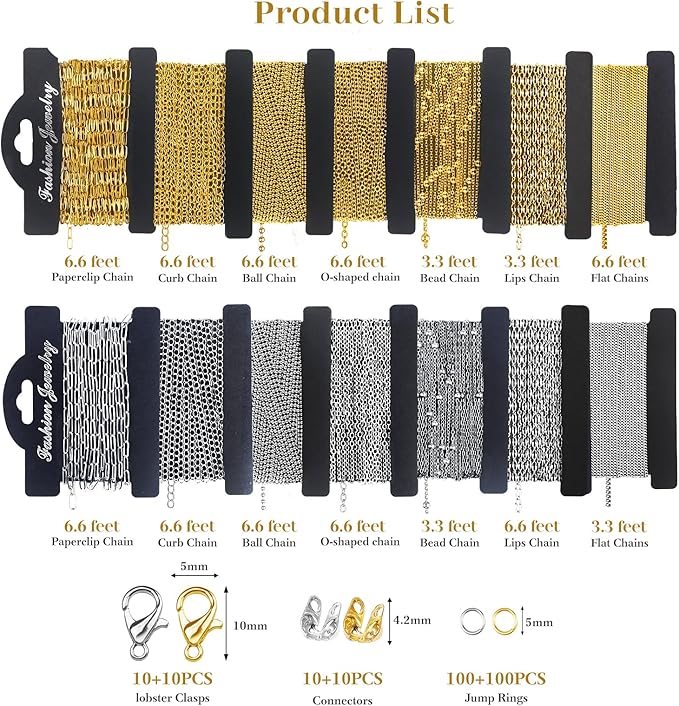 Wisreach 18K Gold & Silver Chain for Jewelry Making, 80 Feet 14 Rolls DIY Bracelet Chains with 200 Jump Rings, 20 Lobster Clasps & 20 Connectors