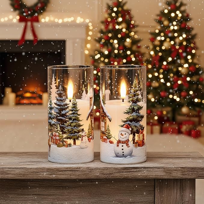 GenSwin Christmas Flameless Candles with Remote Timer, Set of 2 Christmas LED Glass Battery Operated Candles with Cedar, Snowman, Reindeer, Snowy House Decals for Holiday Winter Home Decor(D3” x H6”)