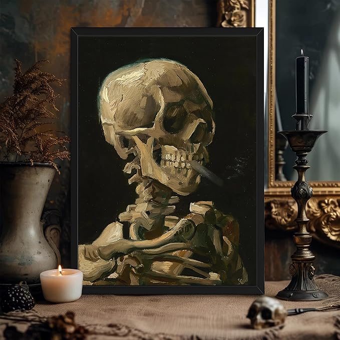 Framed Vincent Van Gogh Skull with Cigarette Canvas Wall Art - Skeleton Paintings Wall Decor, Post-Impressionism Gothic Picture Aesthetic for Halloween Decor Bedroom Living Room Artwork 16x24 inch