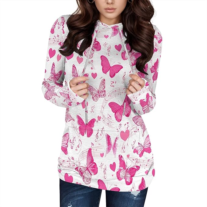 Hooded Sweatshirt Women Fall Butterfly Sweatshirts Lightweight Long Sleeve Pullover Tops Trendy Outfits Plus Size