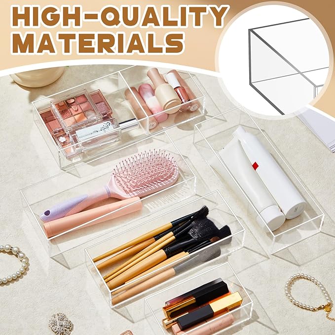 5 Pack Acrylic Desk office Organizer, Makeup Drawer Organizer Trays, Storage Bins for stationery, Makeup, Jewelry, Gadgets for Kitchen, Office, Bedroom, Bathroom
