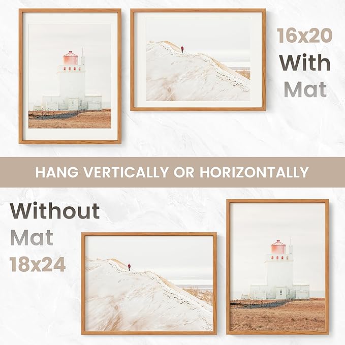 18x24 Poster Frame, USA-Sourced Natural Cherry Wood Picture Collage Frame with HD Tempered Glass, Modern Simple 18 x 24 Wooden Photo Frame Matted to 16x20, Vertical & Horizontal Wall Hanging Display