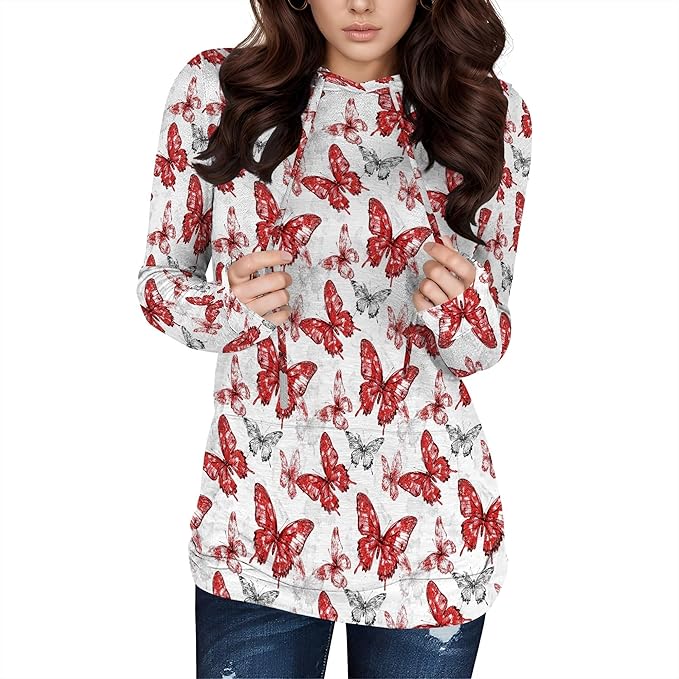 Hooded Sweatshirt Women Fall Butterfly Sweatshirts Lightweight Long Sleeve Pullover Tops Trendy Outfits Plus Size