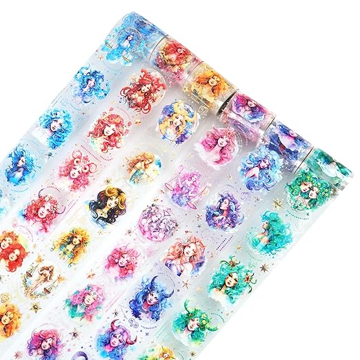 6 Pcs Constellation Goddess PET Scrapbook Tapes, Holographic Stickers for Journaling, Scrapbook Supplies, and Ephemera, with Decorative Clip