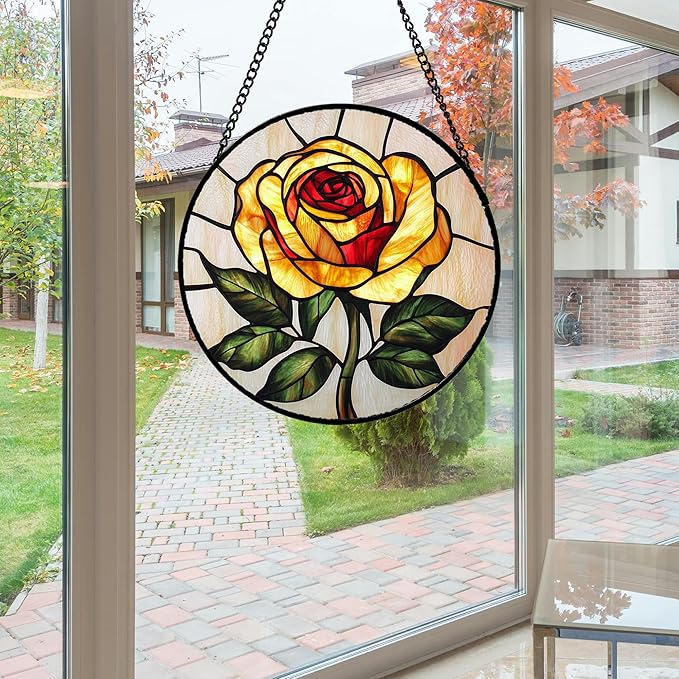 Stained Glass Window Hanging - Elegant Yellow Rose Flower Sun Catcher for Door Garden Home Decor Suncatcher Christmas Mother's Day Birthday Gifts for Women Mom Girl Nana Friend 7.8 in