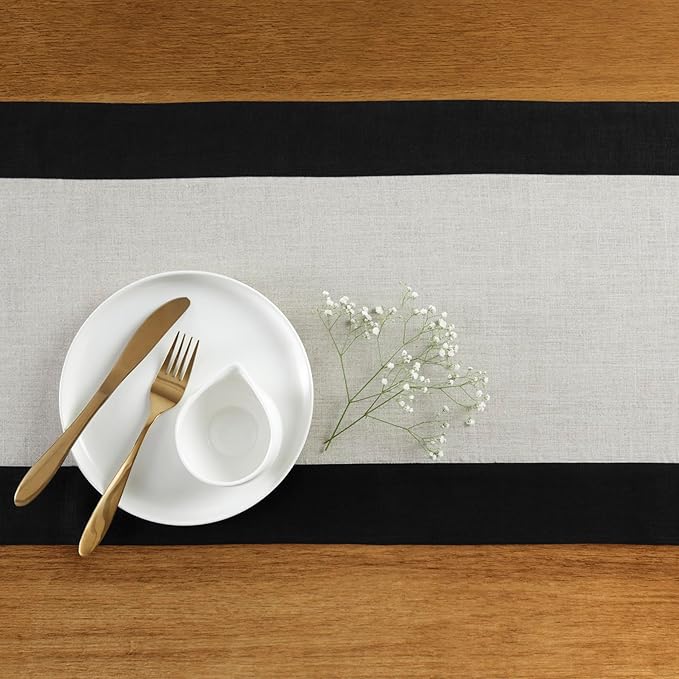 Solino Home Linen Table Runner 60 Inches - 100% Pure Linen Black and Natural Short Table Runner 14 x 60 Inch Ideal for Dresser and Coffee Tables - Contempo - Winter