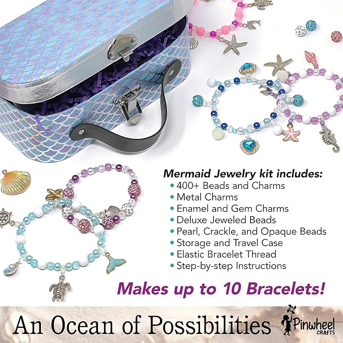 Pinwheel Crafts Mermaid Charm Bracelet Making Kit with Storage Case - DIY Kids Bracelet Making Kit for Girls 8-12 - Birthday Gift & Craft Supplies with Beads and Ocean Charms