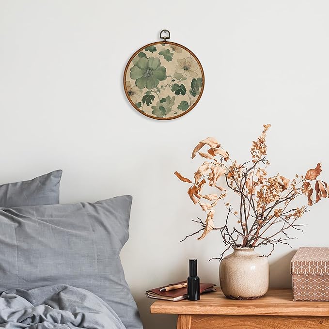 KSDUT Spring Floral Green Botanical Wall Decor Art - Flower Wall Art Canvas Frame Hanging Prints, Preppy Trendy Wildflower Round Wall Art Decor for Farmhouse Gallery Home Decorations 10"x10"