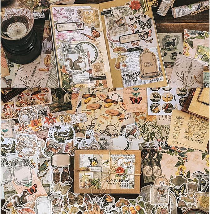 200 Pieces Vintage Ephemera Scrapbooking Supplies Pack for Journaling, Decoupage Paper Scrapbook Stickers Kit for Bullet Junk Journal Planners Collage Craft Notebooks Album (Forests)