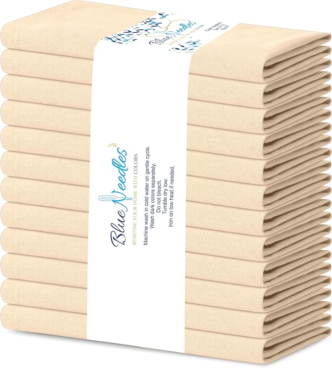 Blue Needles Solid Cloth Napkins Set of 12 Champagne 100% Cotton Dinner Napkins 18x18 inches - Soft, Reusable, Absorbent & Washable Linen, Ideal for Christmas Events, Parties & Everyday Use