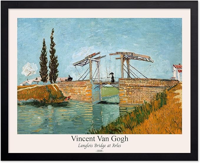 Monem Art Vintage Van Gogh Poster - Retro Langlois Bridge at Arles Print - Impressionism Art - Landscape Art - Fine Art - Classic Painting Art - Bedroom or Office Decor - 16x20 Black Framed
