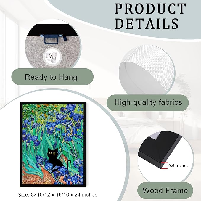 Fantasy Artists Van Gogh Irises Cat Wall Art, Framed Vintage Garden Canvas Wall Decor, Funny Black Cat Poster Prints, Paintings,Bathroom,bedroom,Living Room Artwork Decorations 16" Wide X 24" Height