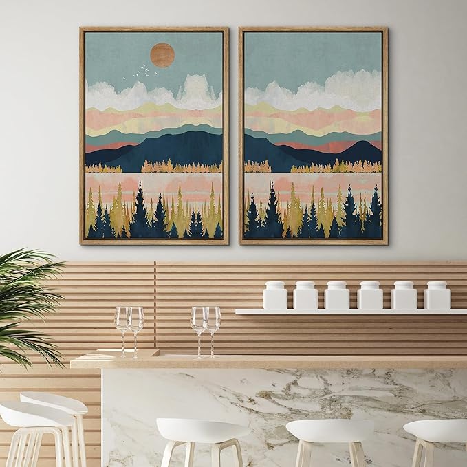 SIGNWIN Framed Canvas Print Wall Art Set Pastel Pink Blue Geometric Mountain Landscape Nature Wilderness Illustrations Scenic Colorful for Living Room, Bedroom, Office - 16"x24"x2 Natural
