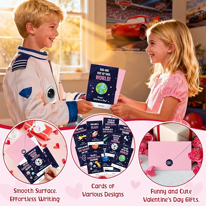 TICIAGA 72pcs Valentine’s Day Space Greeting Cards with Envelop and Sticker for Kid, 4 x 6 IN Planet Galaxy Notecard Exchange Gift for Boy Girl School Classroom Supply, Valentines Galaxy Party Favor