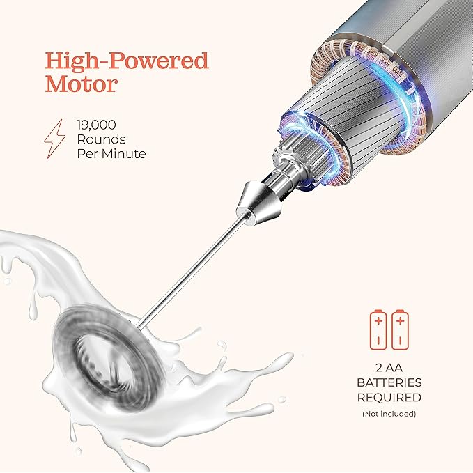 Powerful Handheld Milk Frother, Mini Milk Foamer, Battery Operated (Not included) Stainless Steel Drink Mixer with Frother Stand for Coffee, Lattes, Cappuccino, Frappe, Matcha, Hot Chocolate. (Aqua)