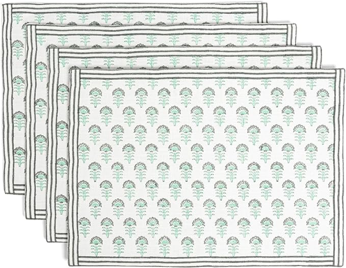 Over&Back Set of 4 Hand-Blocked Placemats - Colorful Dining Table Mat - Each Placemat is Unique - 100% Cotton - Machine Washable - Kitchen and Home Decor - Green Flower