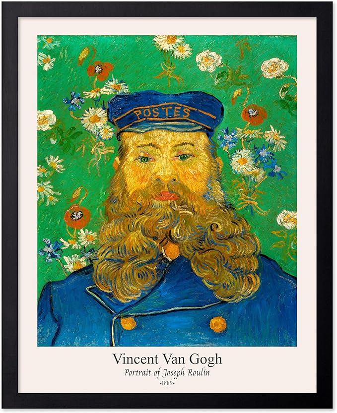 Monem Art Vintage Van Gogh Poster - Retro Portrait of the Joseph Roulin Print - Impressionism Art - Postman Art - Fine Art - Classic Painting Art - Living Room Wall Decor - 8x10 Black Framed