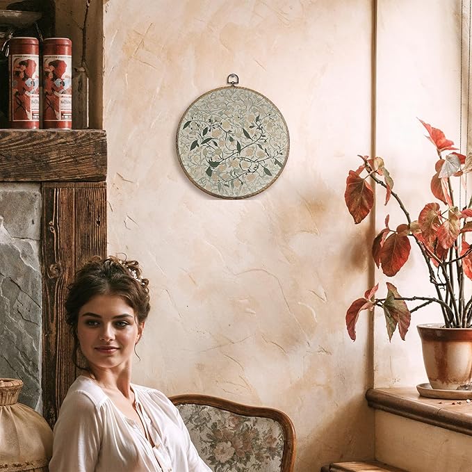 FUGWN Vintage Jasmine Floral Round Wall Art Decor Framed, William Morris Flower Botanical Canvas Artwork Prints, Retro Floral Wall Hanging Decorations for Home Bedroom Living Room, 10x10 Inch
