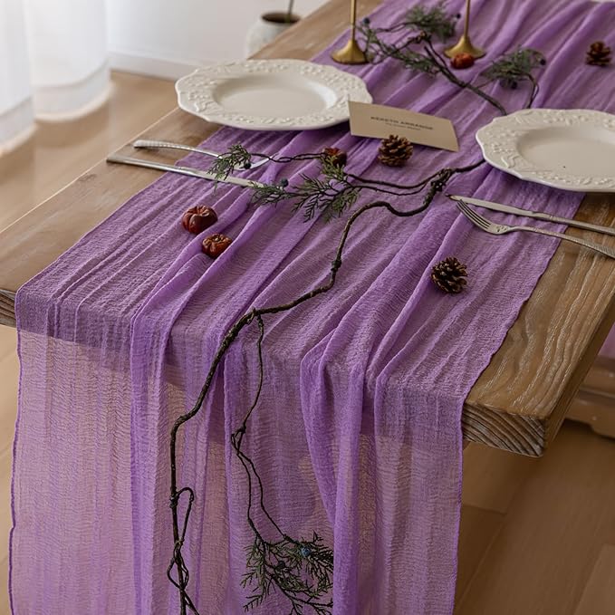 Keketoarrange Spring Table Runner Lavender Gauze Rustic Boho Lilac Cheesecloth Grape Table Runner 120 Inch 10 FT for Wedding Baby Bridal Shower Birthday Party Long Sheer Easter Home Decorations