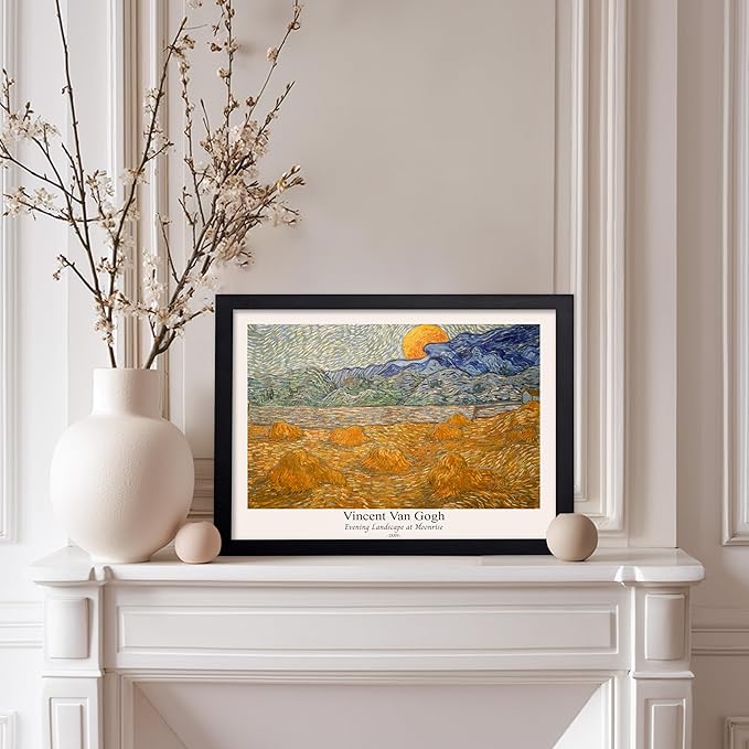 Monem Art Vintage Van Gogh Poster - Retro Evening Landscape at Moonrise Print - Impressionism Art - Fine Art - Classic Painting Art - Aesthetic Living Room Wall Decor - 11x14 Black Framed