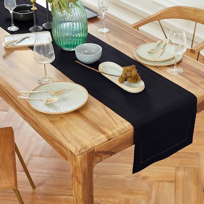 Solino Home Linen Table Runner 60 Inches - 100% Pure Linen Black Hemstitch Table Runner 14 x 60 Inch Ideal for Dresser and Coffee Tables - Winter - Medium Weight