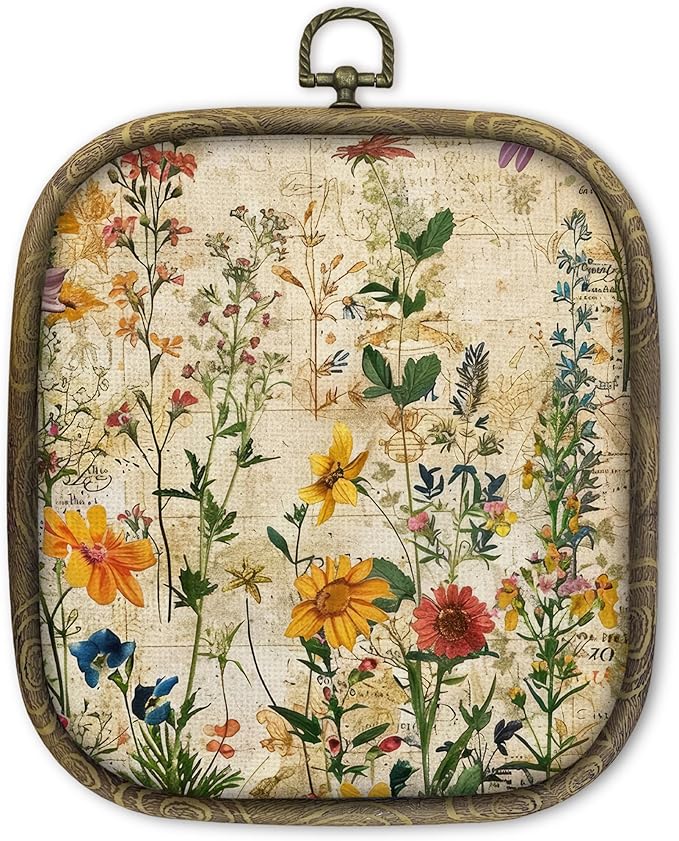 KSDUT Boho Flower Floral Wall Decor Art - Botanical Neutral Wall Art Canvas Frame Hanging Prints, Vintage Landscape Wildflower Square Wall Art Decor for Home Decorations 6.5"x5.7"