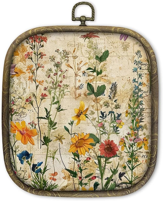 KSDUT Boho Flower Floral Wall Decor Art - Botanical Neutral Wall Art Canvas Frame Hanging Prints, Vintage Landscape Wildflower Square Wall Art Decor for Home Decorations 6.5"x5.7"