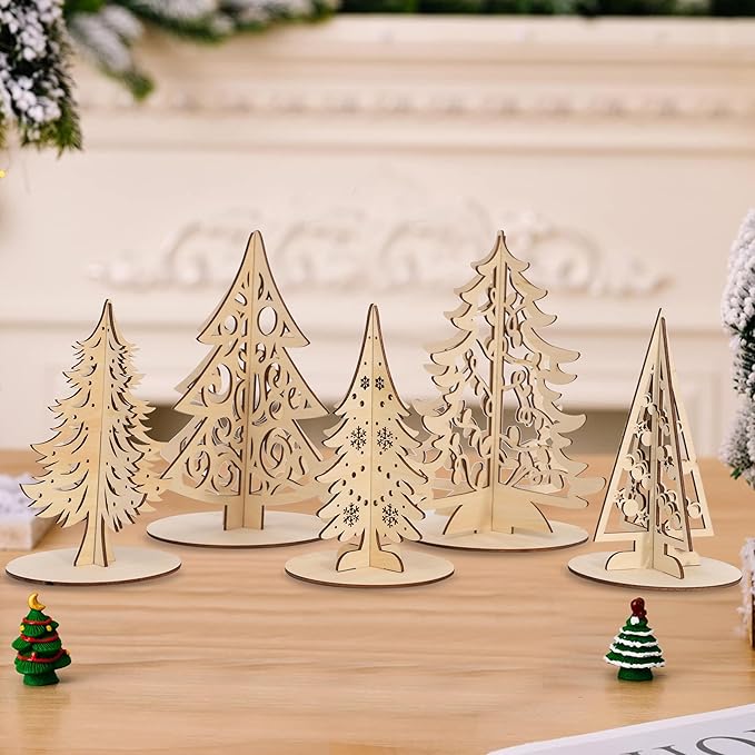 Christmas Craft Set - Wood 3D Christmas Tree, Wooden Unfinished Slices to Paint, Xmas Trees Cutouts Ornaments, for Xmas Winter DIY Handmade Tiered Tray Decorations