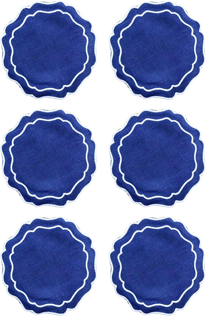 Drink Coasters Set of 6, 6x6 inch, Absorbent Linen Drink Mats with Scalloped Edge, Reusable Handmade Coffee Coasters for Home Decor & Tabletop Protection & Gift Giving (Navy)