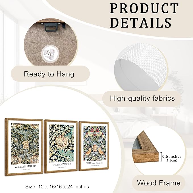 Fantasy Artists 3 Pieces Framed William Morris Wall Art Vintage Botanical Floral Art Wall Decor Painting Farmhouse Artwork Aesthetic Posters Prints for Living Room Bedroom Bathroom 12" x 16"