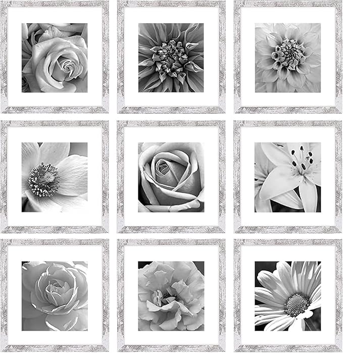 eletecpro 12x12 Picture Frames Set of 9 with Mat for 8x8 Photos or without Mat for 12x12, Square Gallery Wall Decor Collage for Picture Display, Distressed White Frame Set for Wall Hanging