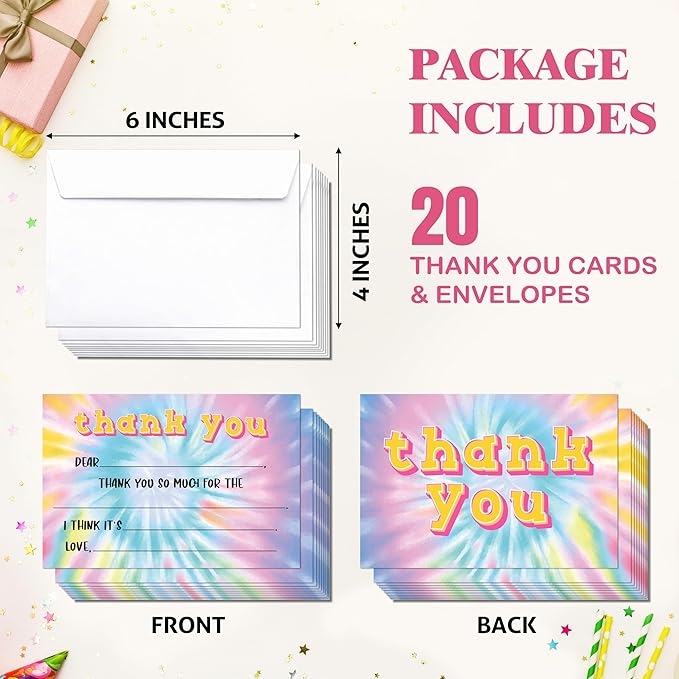 Tie Dye Kids Thank You Cards, Colorful Thank You Card For Baby Shower Birthday Party, Kids Birthday Cards Fill In The Blank, 20 Pack Cute Greeting Cards With Envelopes For Boys And Girls, 011