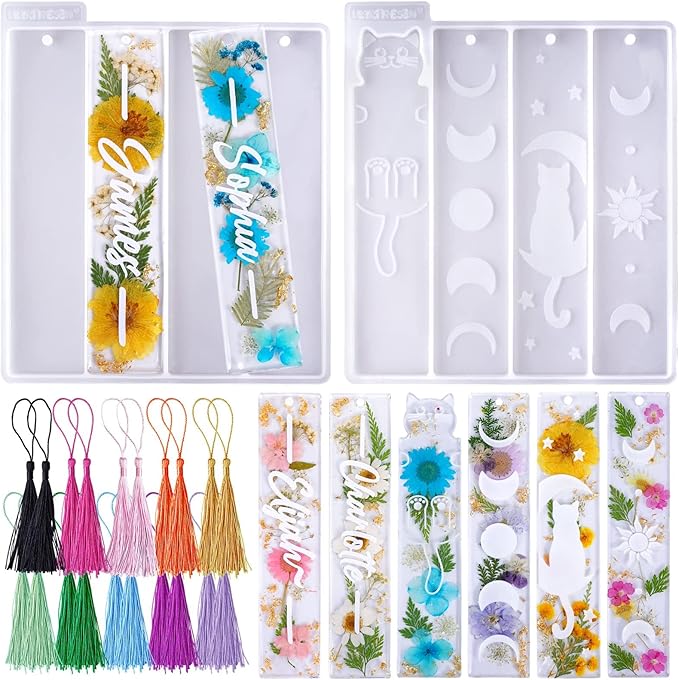 LET'S RESIN Bookmark Resin Molds Silicone 1.5'' Wide, Blank and Cat Moon Pattern Silicone Bookmark Molds Kit with 20pcs Tassels, Rectangle Bookmark Molds for Epoxy Resin Casting Crafts