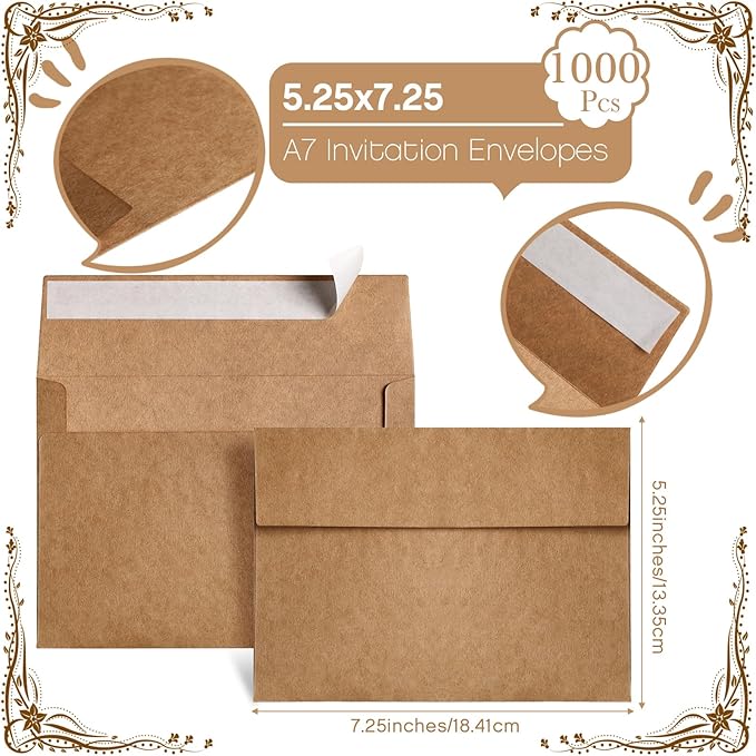 Fainne 1000 Pack Brown Envelopes Bulk, Kraft Envelopes for Invitation, 120 GSM Gift Card for Office, Gift, Party, Baby Shower, Wedding (A7,5.25 x 7.25")