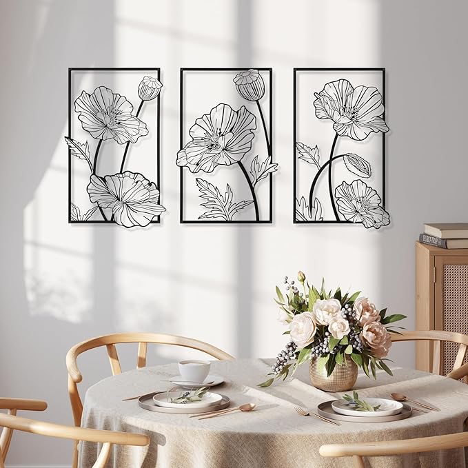 Therwen 3 Pcs Black Metal Wall Art Minimalist Wall Decor for Bedroom Flowers Decor Hanging Flower Bathroom Art Flower Line Sculpture Kitchen Decoration 16.5 x 9.8 Inch