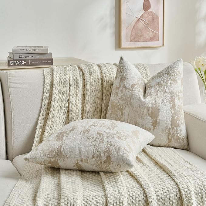 FUTEI Brown White Decorative Throw Pillow Covers 20x20 Inch Set of 2,Jacquard Weave Cushion Case in Soft Faux Cashmere,Modern Home Decor for Couch Living Room