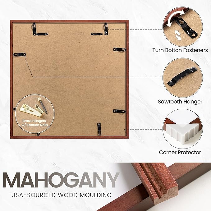 16x16 Picture Frame, USA-Sourced Natural Mahogany Wood Photo Collage Frame with HD Tempered Glass, Modern Simple 16 x 16 Wooden Frame Matted to 12x12, Gallery Wall Frames for Art