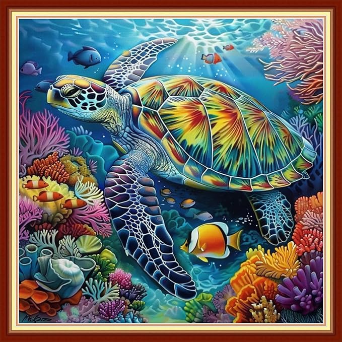 Joyhoor Stamped Cross Stitch Kits for Beginners, Needlepoint Kits for Adults, 11CT Counted Embroidery Kits-Turtle Coral 18x18 inchs