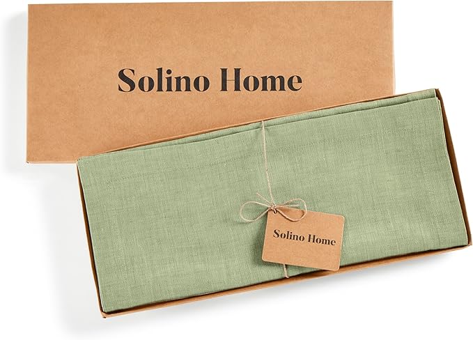 Solino Home Linen Table Runner 72 Inches Long - Athena, 100% Pure Linen Chambray Olive Table Runner 14 x 72 Inch for Dining, Spring, St Patricks Day