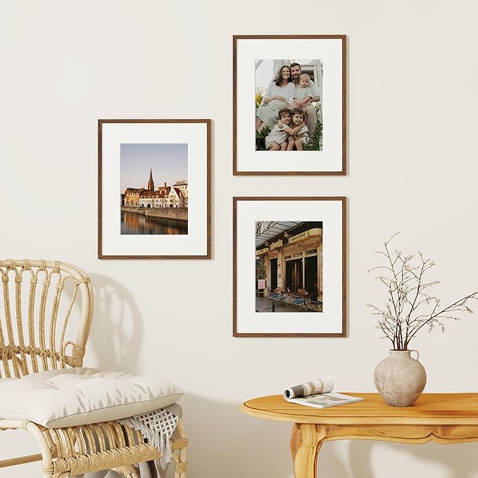 Dreamland 16x20 Picture Frame, Natural Oak Wood Photo Frame with Mat for 11x14, 16 x 20 Matted Picture Frames with Tempered Real Glass for Wall Art Photo and Prints, Walnut Color, Set of 3