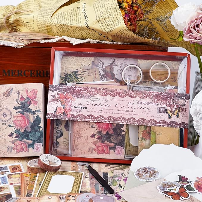 Funto Scrapbooking Kit (202 PCS), Vintage Collection-Rose Angel, Perfect for Bullet Scrapbooking Materials, Planner DIY Arts Craft Collage