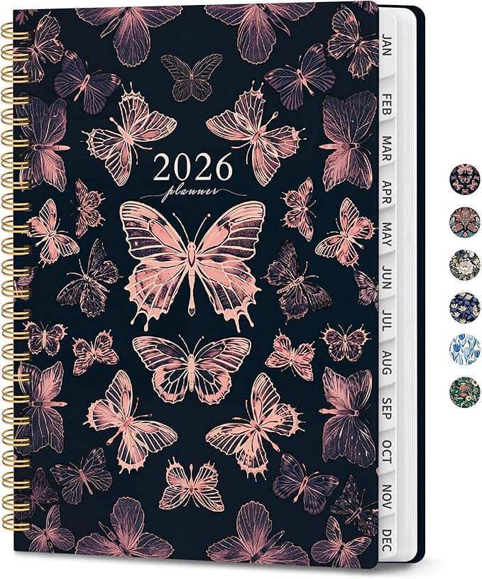 2026 Planner, Monthly and Weekly Calendar Planner for Women, Jan 2026 - Dec 2026, Hardcover Pretty 2026 Agenda Planner Book with Tabs, Spiral Bound, Perfect for School Office Home Supplies, 6.3" x 8.5" - Pink Butterfly