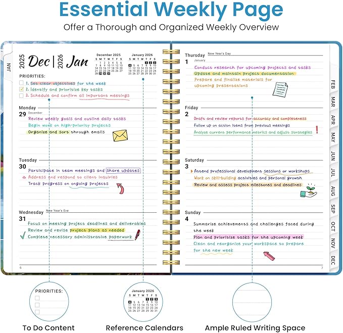 2026 Planner, Weekly and Monthly Planner for Women, January 2026 to December 2026, Pretty Hardcover 2026 Calendar Planner Book with Tabs, Inner Pocket, Spiral Bound, Perfect Office Home School Supplies - 8.5" x 11", Summer Valley