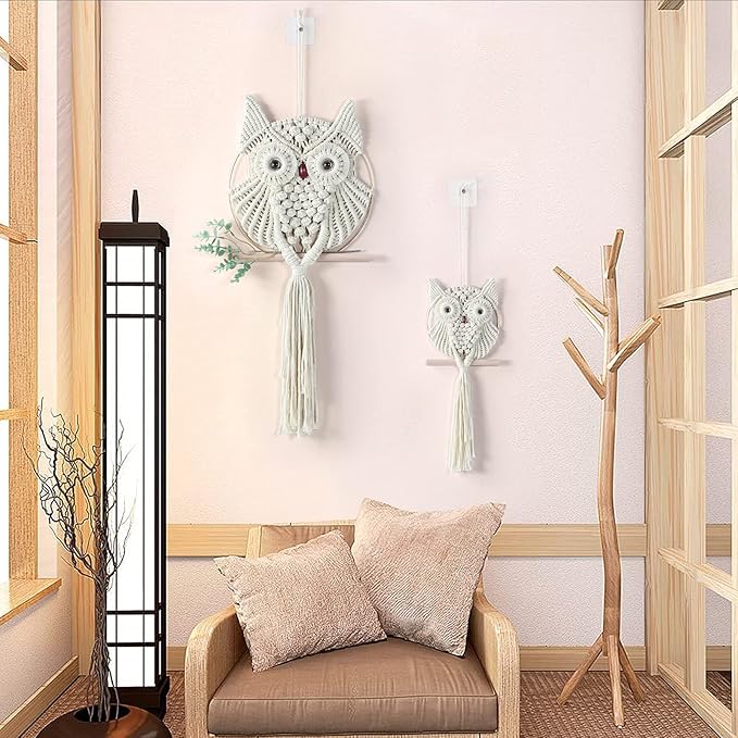MVSUTA Owl Ivory Cotton Handmade Macrame Wall Hanging Tapestry Home Decor Art and Beige Craft Wonderful Decoration Woven Boho Ornament for Office Bedroom Apartment Living Cream Nursery Gallery,2pcs