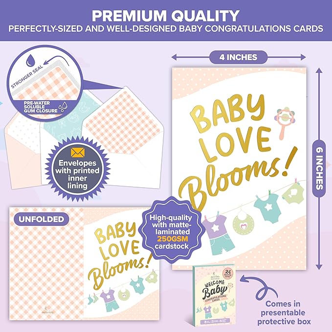 Decorably 24 Pack Gold Foiled 4x6in New Baby Cards Congratulations with Envelopes and Stickers, 8 Adorable Designs Baby Shower Cards Pack with Printed Message Inside
