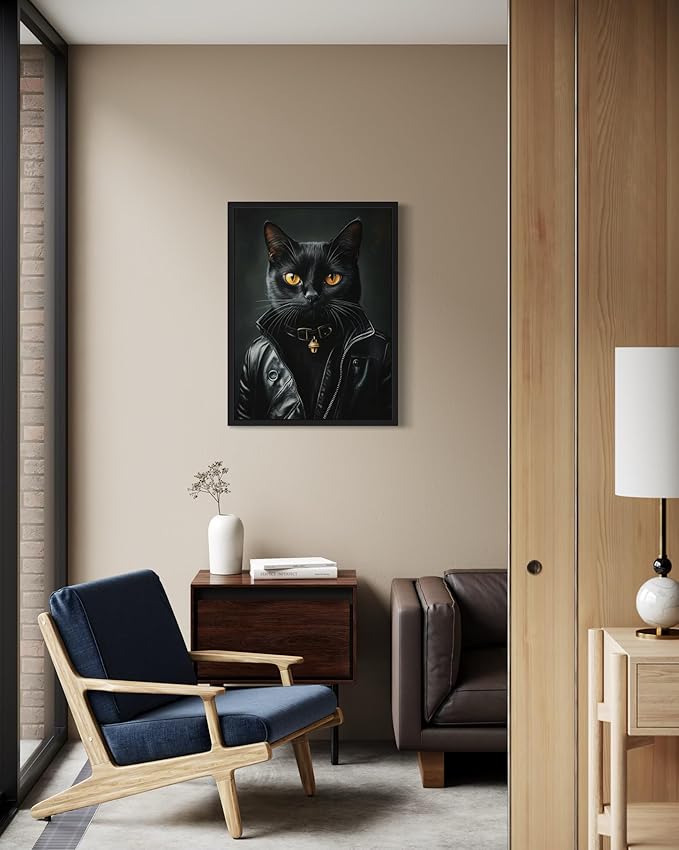 Cool Cat Art Poster Print, Cat Kitten Painting Humor Portrait Pet Artwork Decor Gallery A8 (11 x 14 inches, Black Frame)