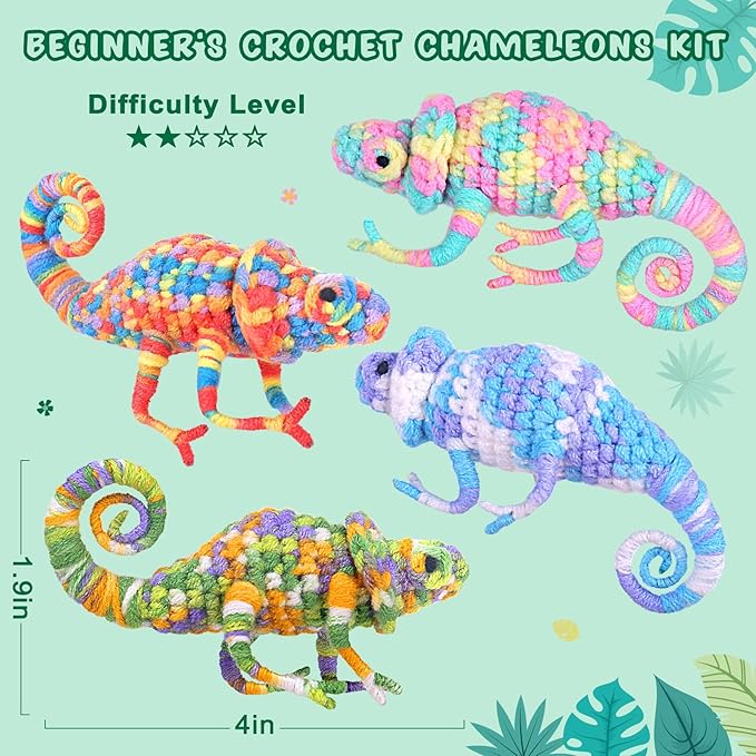 Crochetta Crochet Kit for Beginners, Crochet Starter Kit w Step-by-Step Video Tutorials, Beginner Crochet Kit for Adults Kids Women Men Complete Kit Included (4 Chameleons Family)