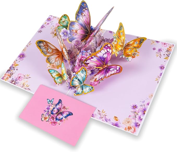 3D Bouquet Butterflys Purple Pop Up Thank you Card, Teacher Appreciation Card, Handmade Flowers Box Greeting Cards with Note and Envelope for New Year Anniversary