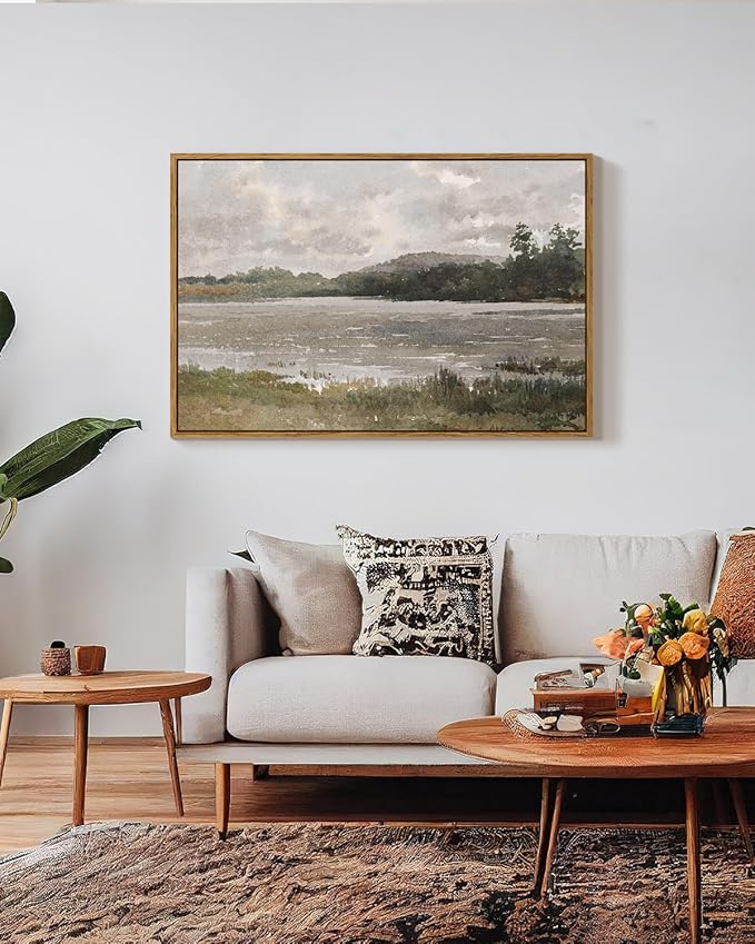 VIYYIEA Vintage Nature Large Framed Wall Art, Lakeside Landscape Paintings Art Decor Aesthetic, Canvas Print Artwork, Retro Scenery Wall Pictures for Bedroom Bathroom Office 24X36 Inch